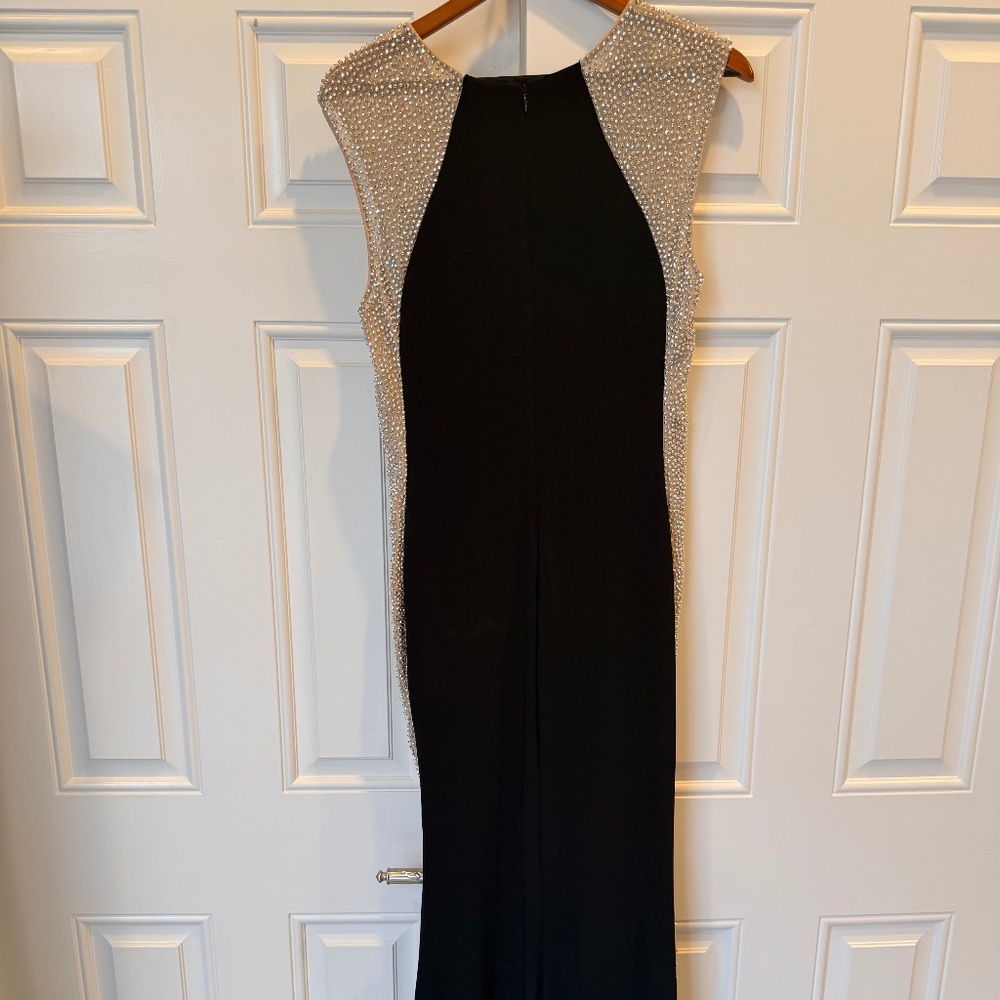 Xscape Black & Gold Embellished High-Low Evening Gown Size 12